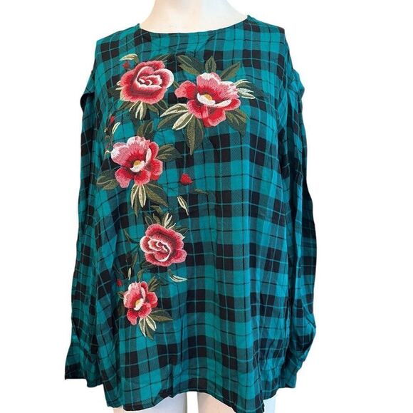 Umgee Tops - Umgee Womens Large Green Plaid Embroidered Floral Boho Long Sleeve NWT